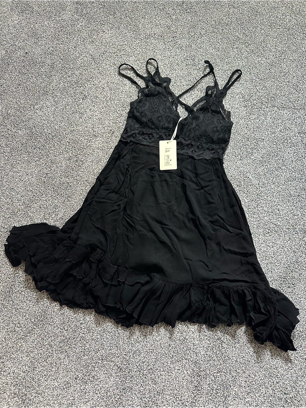 LA MIEL Black Lace Trim Mini Dress